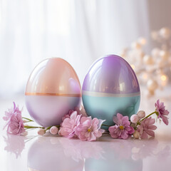 Easter pink and blue eggs with cherry blossoms on white wooden surface on light wooden background. close up.