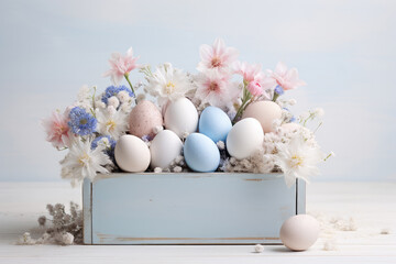 Easter white and blue eggs and lots of wildflowers in wooden box of wooden pastel blue background. close up. - obrazy, fototapety, plakaty