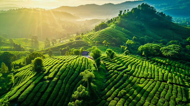 Aerial view of green tea plantation at sunrise time, nature background.