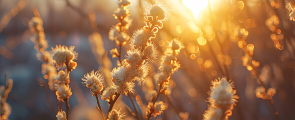 A branch with a flowering willow tree illuminated by soft sunlight.