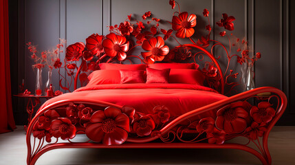 A chic modern red bed, with elegant red roses and metal butterfly sculptures.