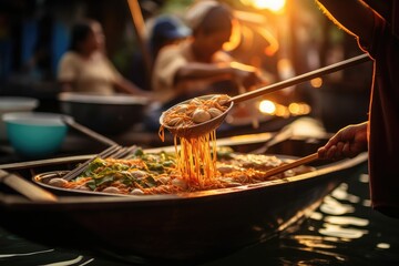 Asian street food festival in city. Chef cooking noodles and vegetables in a pan on fire. Fried chinese japanese noodles with vegetables and shrimps in wok on the open fire