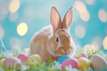 Happy Easter Eggs Basket Ivory. Bunny in flower easter swirling patterns decoration Garden. Cute hare 3d Vibrant easter rabbit spring illustration. Holy week lettuce card wallpaper hellebores - obrazy, fototapety, plakaty