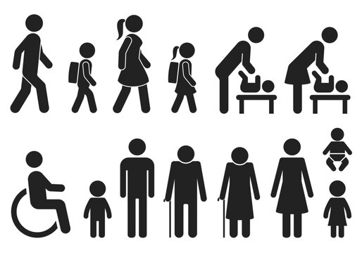 People icons vector set: man, woman, boy, girl, child. Collection of signs for toilet, bath, shower, rest room or changing room. Walking people for road signs. Mother with baby and handicapped icon.