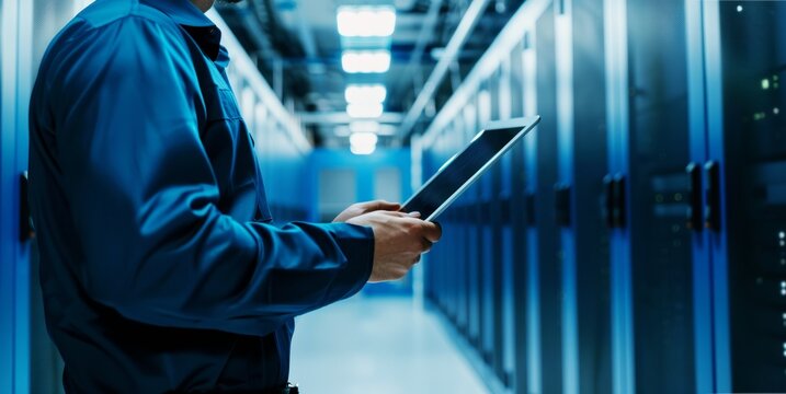 technician holding a tablet in a data center, server room diagnostics and maintenance concept