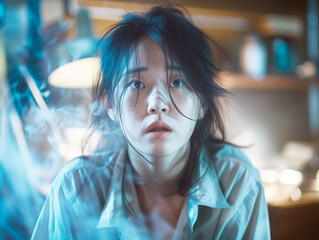 Young Asian  woman whose food burned in the kitchen. Concept of home cooking themes, kitchen safety awareness, culinary learning, accident prevention content - obrazy, fototapety, plakaty