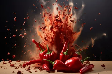 Rolgordijnen Explosive Chilli explosion. Food spicy fly. Generate Ai © juliars