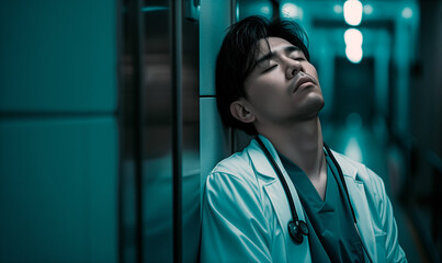 Exhausted asian resident in the hall of the hospital. Concept of healthcare industry, work burnout,  job stress, mental health awareness and work-life balance