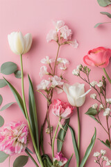 Carefully arranged white and pink flowers on a pink backgrund, flat lay, minimalistic, harmonious, color theory