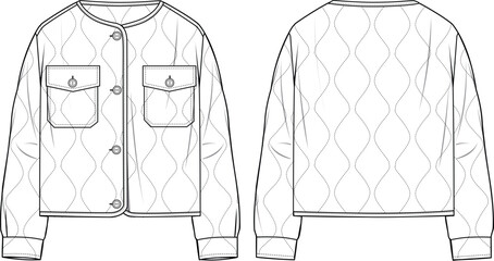 Women's Quilted Collarless Jacket. Technical fashion illustration. Front and back, white color. Women's CAD mock- © DERYA