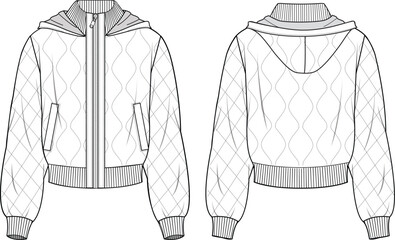 Women's Quilted Hooded Bomber Jacket. Technical fashion illustration. Front and back, white color. Women's CAD mock-up.