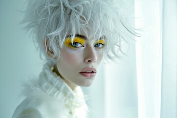 On a light background near the window stands a young girl in a white blouse with white skin and me in bright yellow makeup with white hair - Powered by Adobe