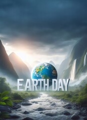 Solid letters EARTH DAY in the middle of a morning nature scenery generative ai  art