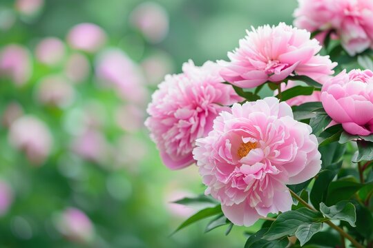 Lush classic pink peonies with yellow stamens and green leaves on garden background on summer day