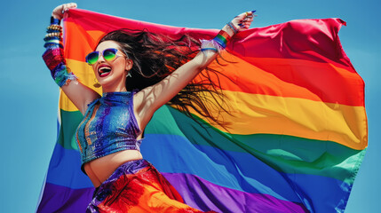 woman celebrates freedom and diversity, waving a large rainbow flag. Joyful Celebration at Pride Parade with Rainbow Flag