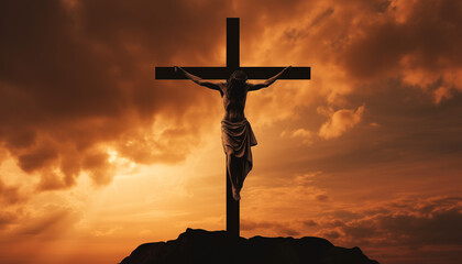Image of the Crucifixion in Holy Week. Silhouette of Christ on the cross during sunset, on Good Friday