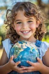 A smiling child holding the Earth. Renewable Energy and Sustainable concept
