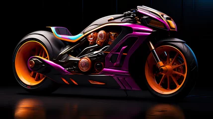 Afwasbaar Fotobehang Motorfiets High-Octane Custom Motorcycle Design. An ultra-modern custom motorcycle boasting vibrant neon colors and sleek lines, embodying speed and futuristic design.