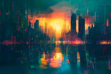 colorful painting of a city cityscape