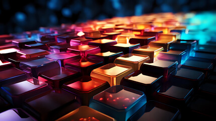 Fototapeta premium Futuristic Hexagonal Pattern with Neon Glow. 3D-rendered hexagonal pattern with a neon glow, ideal for representing futuristic technology and digital themes.