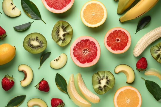 Ripe healthy fruits kiwi, grapefruit, banana, avocado, orange, strawberry on light green background, top view, flatley