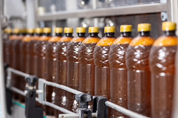 Concept modern production line of brewery industry. Conveyor with brown plastic beer bottles
