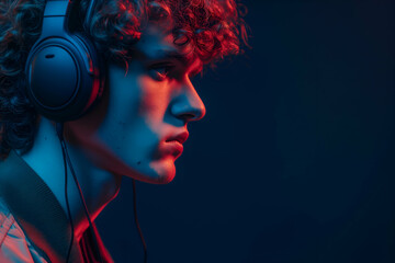 Neon portrait of a young guy wearing headphones listening to music