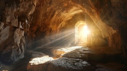 beautiful cross of Jesus in a cave. Easter concept in high resolution and high clarity, religion - obrazy, fototapety, plakaty
