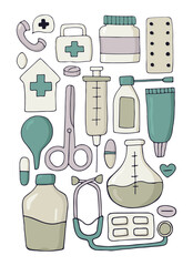 Collection of medical tools isolated on white background. Doodle. All items are separated. Vector illustration