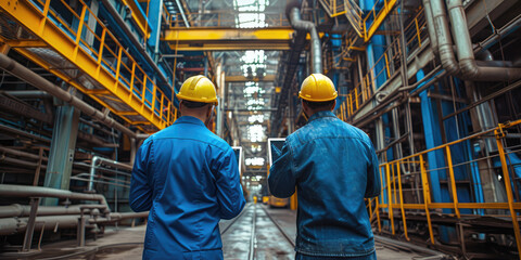 Two industrial workers in hard hats and blue coveralls discuss over a tablet in the labyrinth of a large-scale industrial plant.
