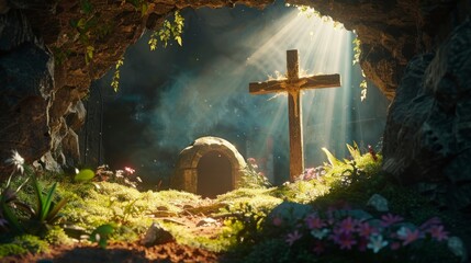 beautiful cross of Jesus in a cave. holy week concept