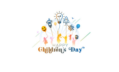 Children learning exploring and holding futuristic science and technology equipment. Happy childrens day concept. Poster banner design.