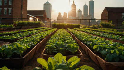 Sunset illuminates a rooftop garden with bok choy rows, highlighting alternative farming within urban landscapes, a testament to innovation in sustainability. - obrazy, fototapety, plakaty