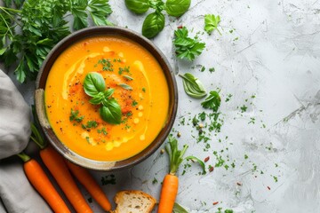 Delicious carrot cream soup in a bowl against a light background