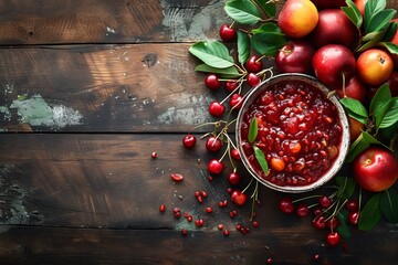 Cherry jam with fresh fruits on wooden table from above