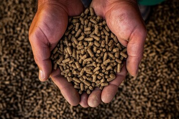 Close up image of hands with animal feed at a stockyard