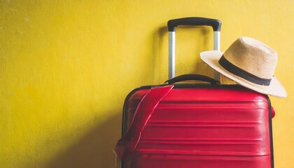 red suitcase on yellow wall background traveling holiday getaways vacation concept