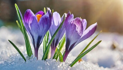 crocuses blooming purple flowers making their way from under the snow in early spring closeup with...