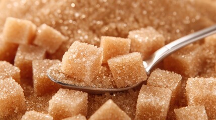 Brown unrefined cane sugar with a spoon close up - obrazy, fototapety, plakaty