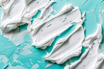 Close up of a white creamy beauty product being applied on a mint colored background for skincare purposes