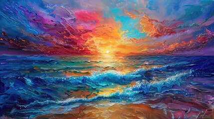 Colorful ocean beach sunrise. - obrazy, fototapety, plakaty