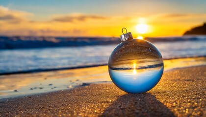 christmas tree decoration glass ball at ocean beach sunset time