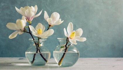 still life of magnolia flowers in small clear glass vases soft muted background color flowers are...