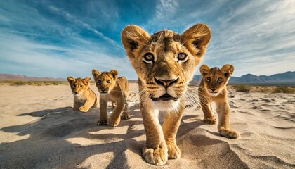 a group of young small teenage lions curiously looking straight into the camera in the desert ultra...