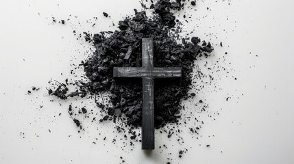 funeral, liturgy, religious ceremony concept. Ashes cross on white background