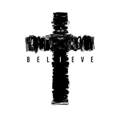Believe - cross in grunge style, t-shirt design. Religious typography concept for Easter Sunday posters or apparel print design. Vector illustration