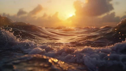 Fotobehang open water landscape rough colored ocean wave breaking at sunset time © buraratn