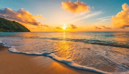 Fototapete Rund peaceful nature scenic relax paradise amazing closeup view of calm ocean bay waves with orange sunrise sunset sunlight tropical island vacation holiday beach landscape exotic sea shore coast © Sawyer