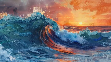 open water landscape rough colored ocean wave breaking at sunset time