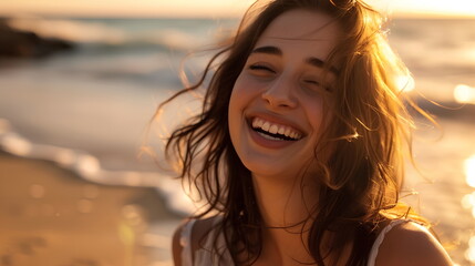 Beautiful woman laughing on the beach